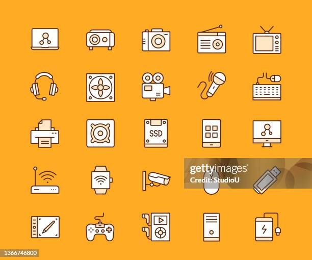 ilustrações, clipart, desenhos animados e ícones de dispositivos eletrônicos ícones da linha de traçado editável multicolorido - studio camera