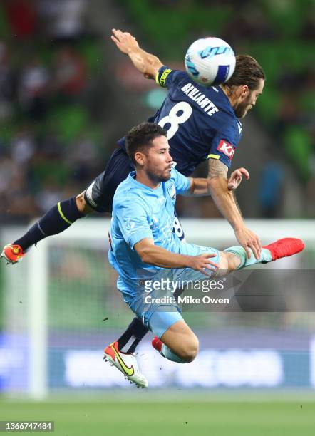 Josh Brillante of the Victory and Connor O'Toole of Sydney FC collide while attempting to head the ball during the round 11 A-League match between...