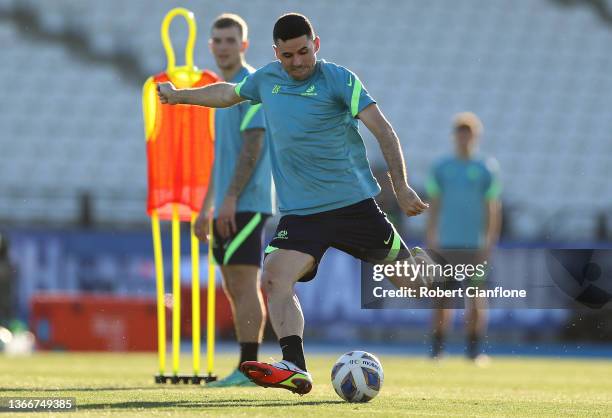 Tom Rogic of Australia kick the ball during an Australian Socceroos training session at Lakeside Stadium on January 25, 2022 in Melbourne, Australia.