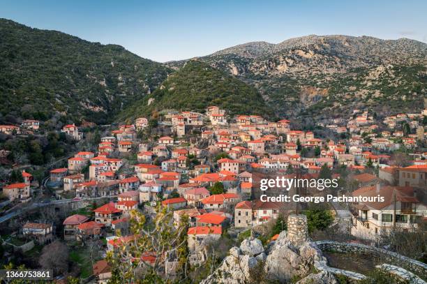 overview of greek village of stemnitsa in the peloponnese - arcadia greece stock pictures, royalty-free photos & images