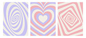 Set with geometric backgrounds. Vector illustration of abstract backgrounds with geometric shapes and hearts. Nostalgia for the year 2000, Y2k style. Design template. Hypnotic pattern.
