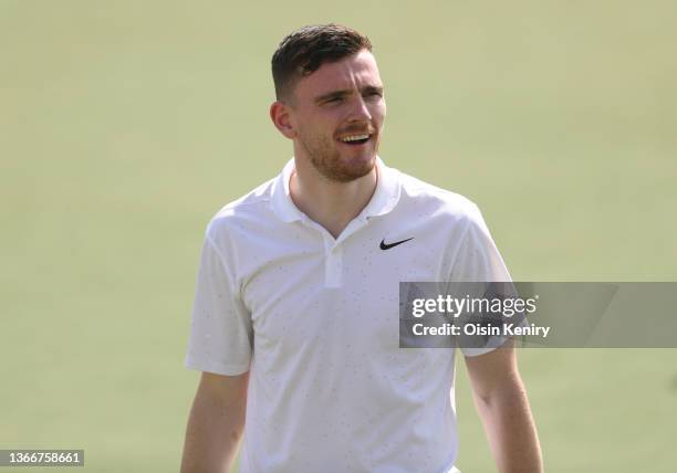 Footballer Andrew Robertson of Liverpool and Scotland during a practice round prior to the Slync.io Dubai Desert Classic at Emirates Golf Club on...