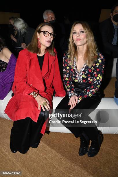 Carole Bouquet and Vanessa Paradis attend the Chanel Haute Couture Spring/Summer 2022 show as part of Paris Fashion Week on January 25, 2022 in...