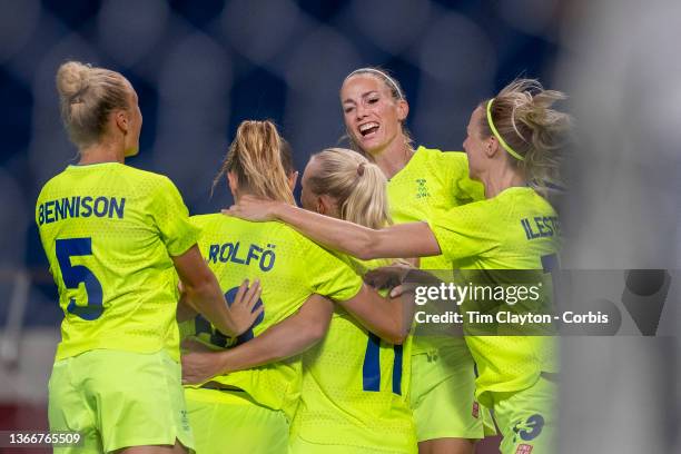 Hanna Bennison of Sweden, Fridolina Rolfo of Sweden, Stina Blackstenius of Sweden, Kosovare Asllani of Sweden and Amanda Ilestedt of Sweden celebrate...