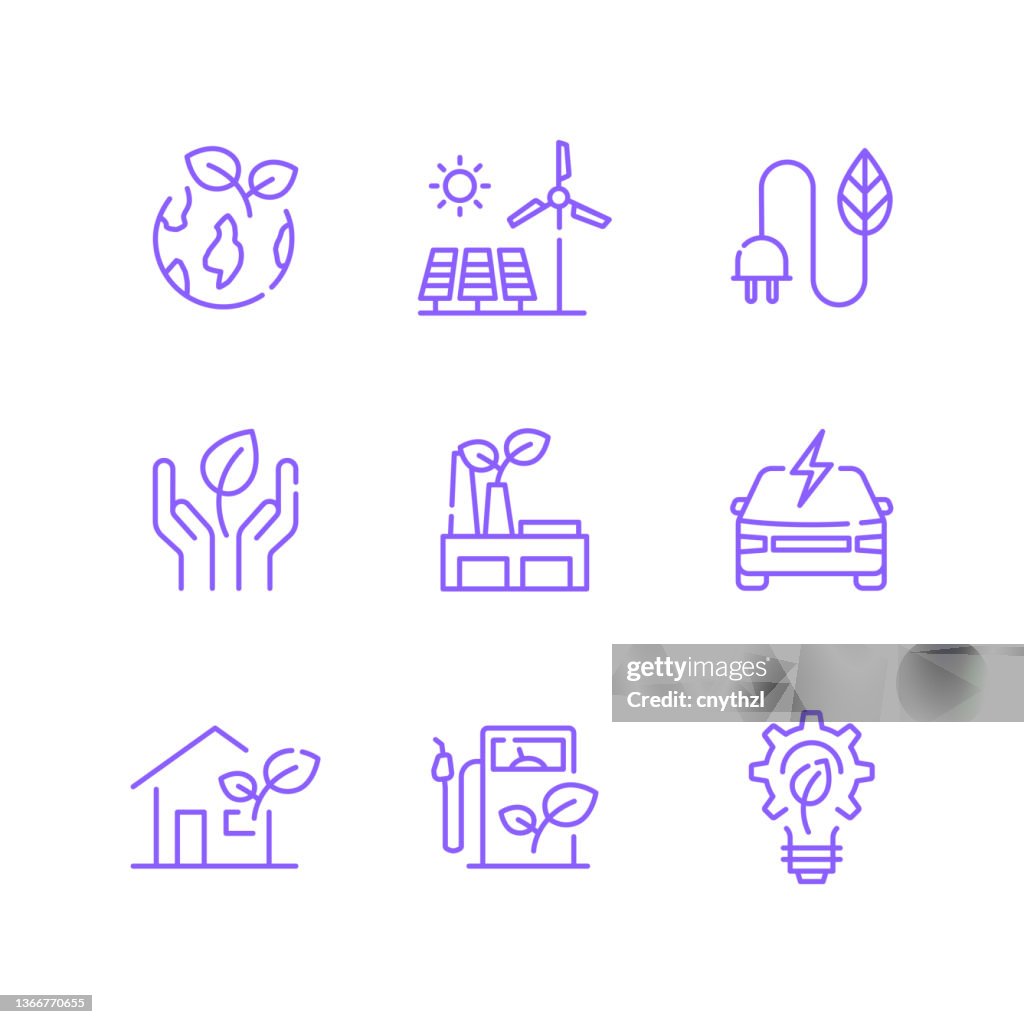 Set of Green Energy Related Line Icons. Outline Symbol Collection, Editable Stroke