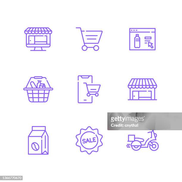 set of internet grocery related line icons. outline symbol collection, editable stroke - delivering groceries stock illustrations
