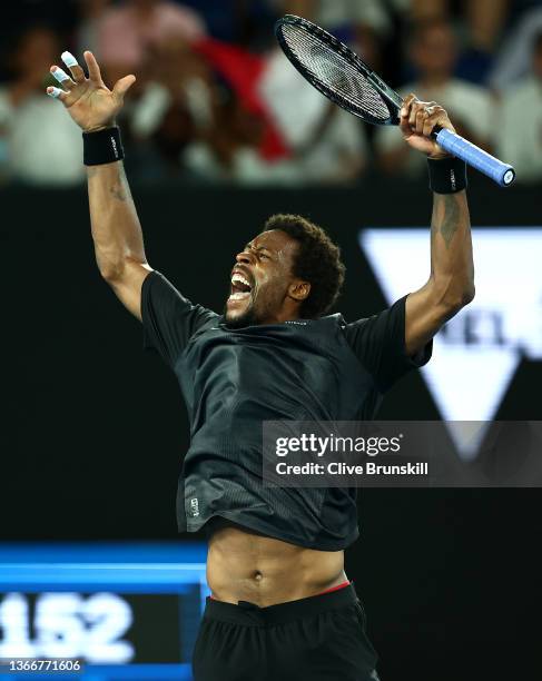 Gael Monfils of France celebrates in his Men's Singles Quarterfinals match against Matteo Berrettini of Italy during day nine of the 2022 Australian...