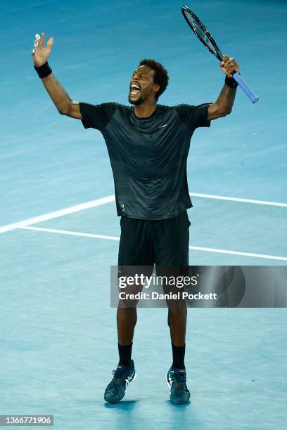 Gael Monfils of France celebrates in his Men's Singles Quarterfinals match against Matteo Berrettini of Italy during day nine of the 2022 Australian...