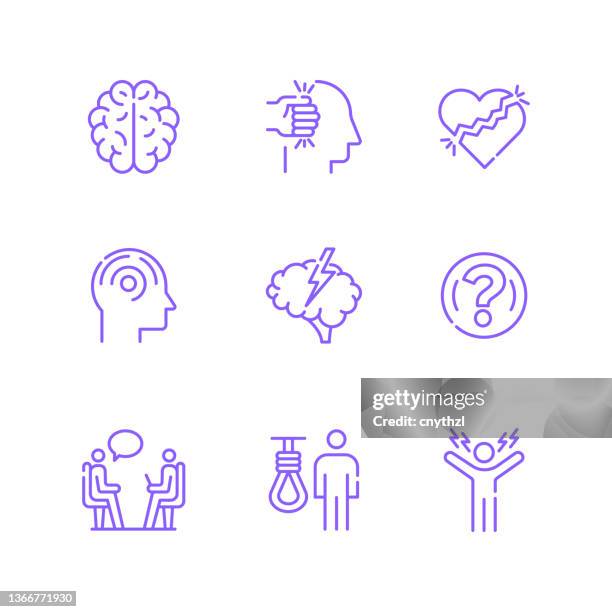 set of stress, depression, mental health related line icons. outline symbol collection, editable stroke - psychologist stock illustrations