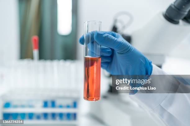 a hand in the lab holds a test tube - lab closeups stock-fotos und bilder