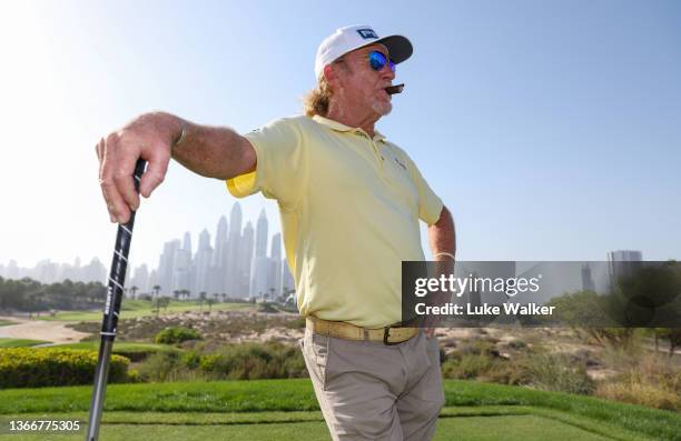 Miguel Ángel Jiménez of Spain poses for a portrait during a practice round prior to the Slync.io Dubai Desert Classic at Emirates Golf Club on...
