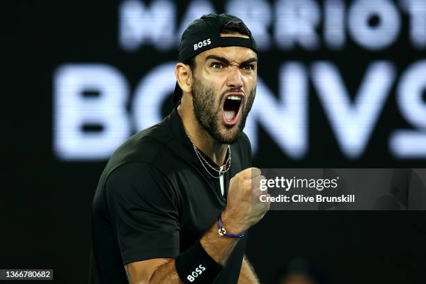 Matteo Berrettini of Italy celebrates winning a point in his Men's Singles Quarterfinals match against Gael Monfils of France during day nine of the...