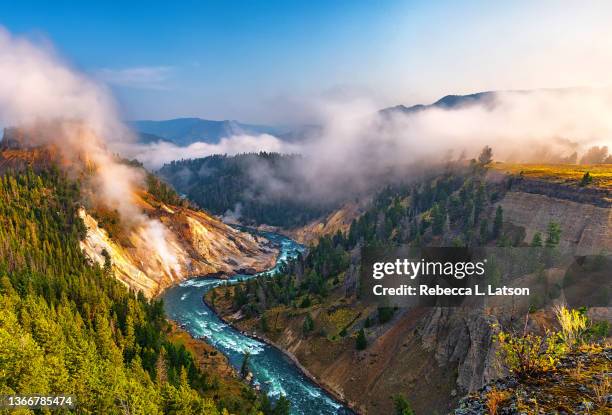 calcite springs and the yellowstone river - 国立公園 ストックフォトと画像