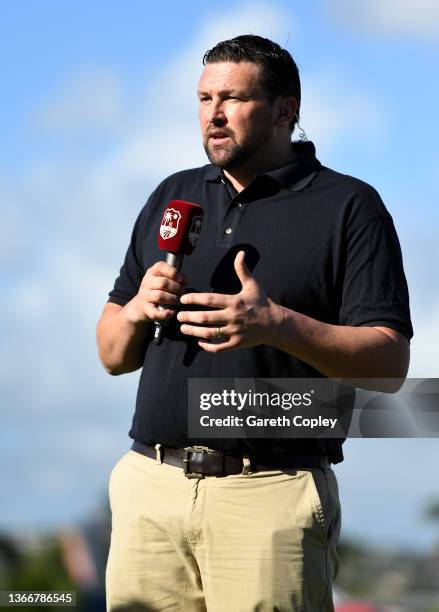 Television commentator Steve Harmison during the 2nd T20 International match between West Indies and England at Kensington Oval on January 23, 2022...