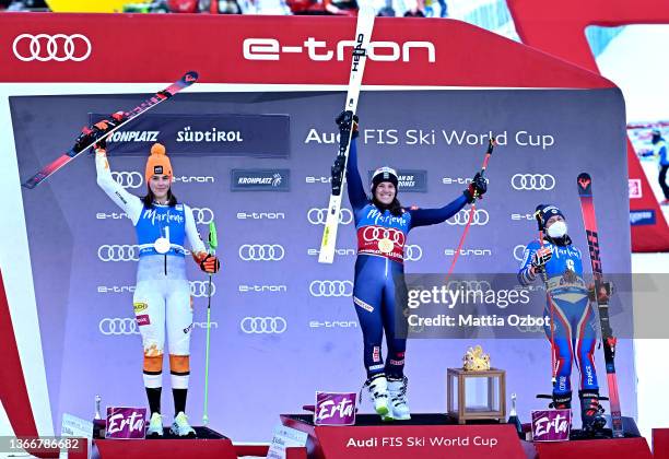 Petra Vlhova of Slovakia takes 2st place, Sara Hector of Sweden takes 1st place, Tessa Worley of France takes 3st place on the podium after the Audi...