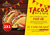 Realistic Detailed 3d Tacos Mexican Food Hot and Spicy Ads Banner Concept Poster Card. Vector