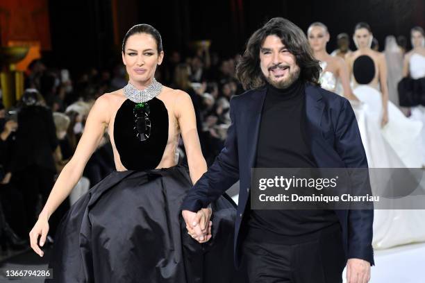 Nieves Alvarez and Stephane Rolland walk the runway during the Stephane Rolland Haute Couture Spring/Summer 2022 show as part of Paris Fashion Week...