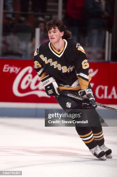 Jaromir Jágr of Pittsburgh Penguins, skating during warm-ups prior to a game between the Pittsburgh Penguins and the New Jersey Devils in East...