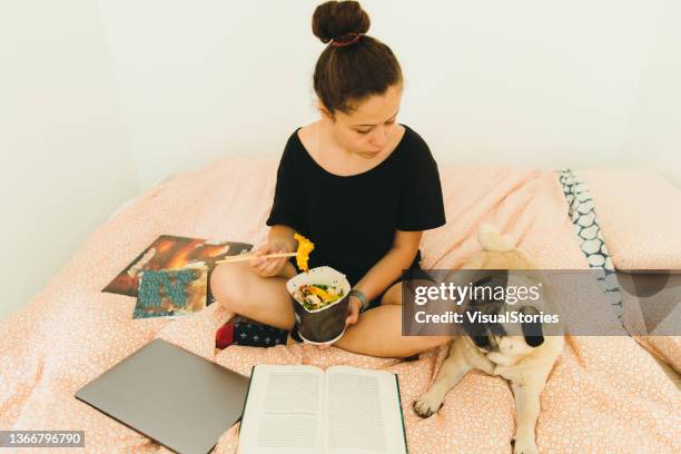 female and a dog having dinner with asian wok noodle while studying at home - wok stockfoto's en -beelden