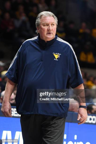 Head coach Bob Huggins of the West Virginia Mountaineers looks on during a college basketball game against the Baylor Bears at the WVU Coliseum on...