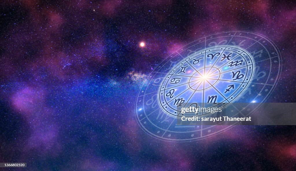 Zodiac signs inside of horoscope circle. Astrology in the sky with many stars and moons astrology and horoscopes concept