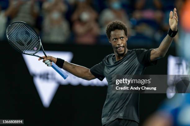 Gael Monfils of France celebrates winning a point in his Men's Singles Quarterfinals match against Matteo Berrettini of Italy during day nine of the...