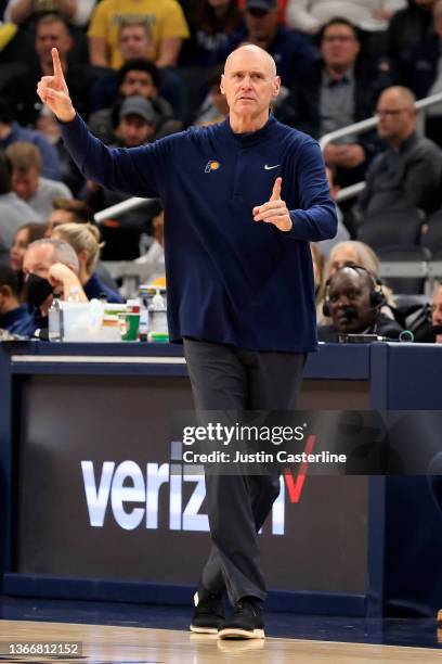 Head coach Rick Carlisle of the Indiana Pacers directs his team in the game against the New Orleans Pelicans at Gainbridge Fieldhouse on November 20,...