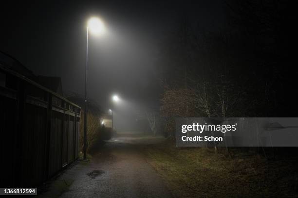 street lights by a walkway in fog in the evening - creepy house at night stock-fotos und bilder