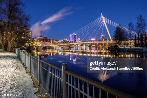 tammerkoski rapids and tampere,view of illuminated bridge over river at night,tampere,finland - tampere finland stock-fotos und bilder