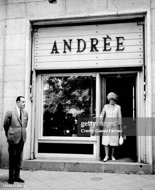 Queen Frederica of Greece shopping, Madrid, Spain, 1965.