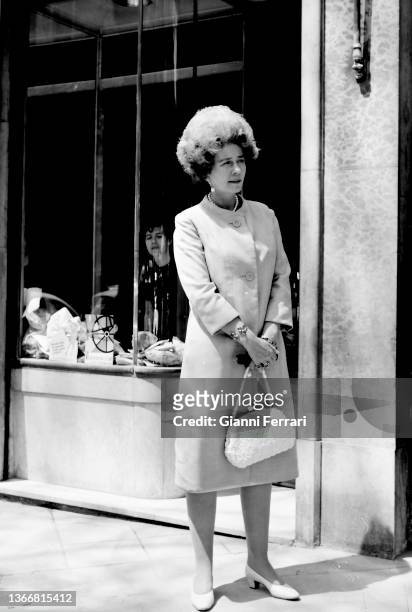 Queen Frederica of Greece shopping, Madrid, Spain, 1965.