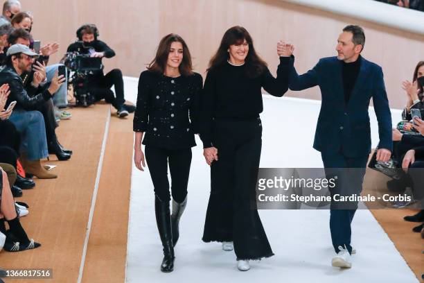 Charlotte Casiraghi, Virginie Viard and Xavier Veilhan walk the runway during the Chanel Haute Couture Spring/Summer 2022 show as part of Paris...