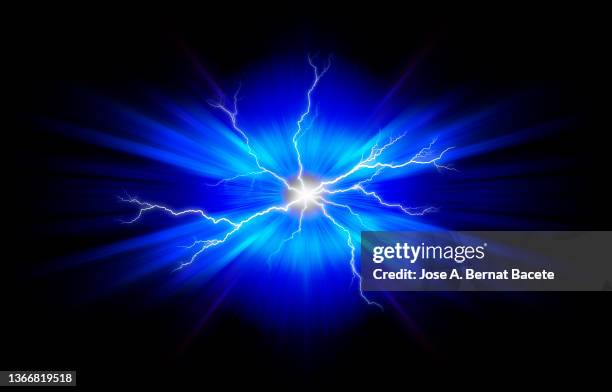 blue light energy explosion with lightnings in a black hole on black background. - lighting background stock-fotos und bilder