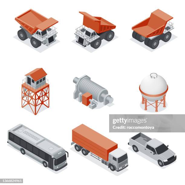 ilustraciones, imágenes clip art, dibujos animados e iconos de stock de industria isométrica y minería - truck