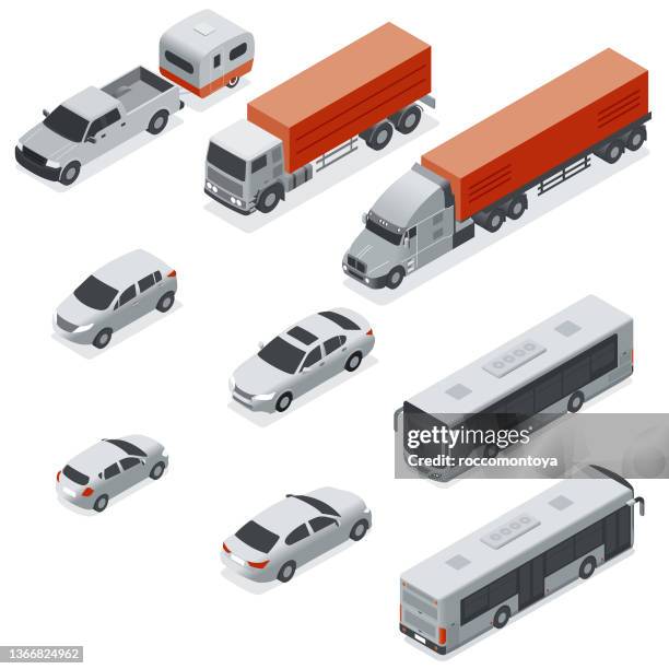 ilustrações de stock, clip art, desenhos animados e ícones de isometric transportation elements - auto 3d