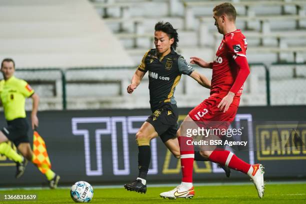Daichi Hayashi of Sint-Truidense VV and Bjorn Engels of Royal Antwerp FC during the Jupiler Pro League match between Royal Antwerp FC and...