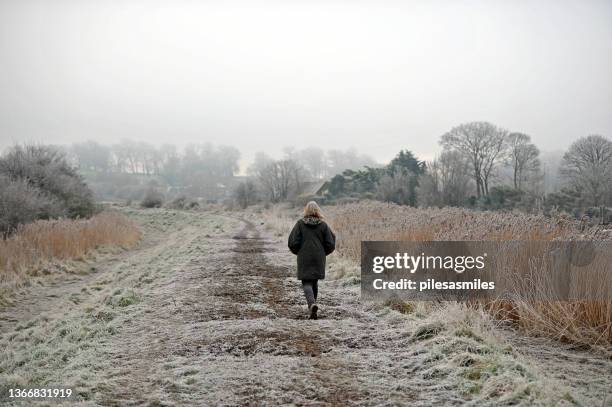 wanderer auf dem treidelpfad des flusses arun in der winterlandschaft, arundel, west sussex - west sussex stock-fotos und bilder