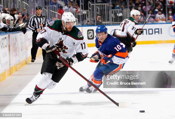 Alex Galchenyuk of the Arizona Coyotes skates against the New York Islanders at the UBS Arena on January 21, 2022 in Elmont, New York.