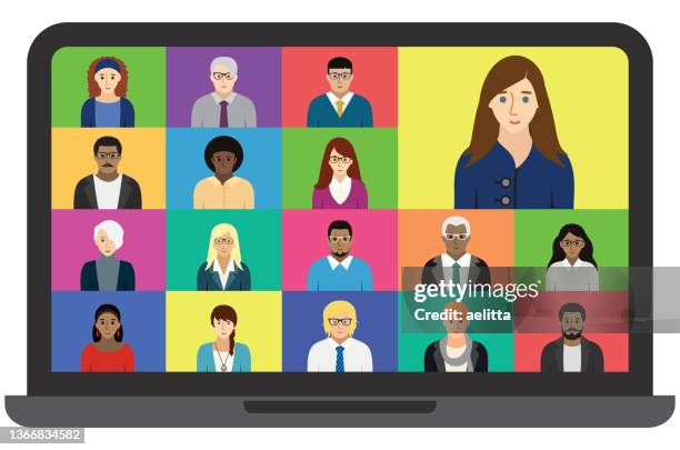 video conference. vector illustration of people with different characteristics. each character is individual. virtual event. - meeting cartoon stock illustrations