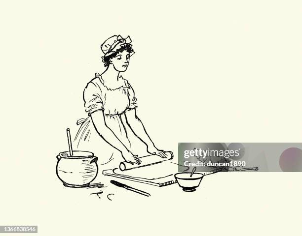 stockillustraties, clipart, cartoons en iconen met young woman baking rolling out pastry for a pie, victorian cooking,19th century - 19e eeuw