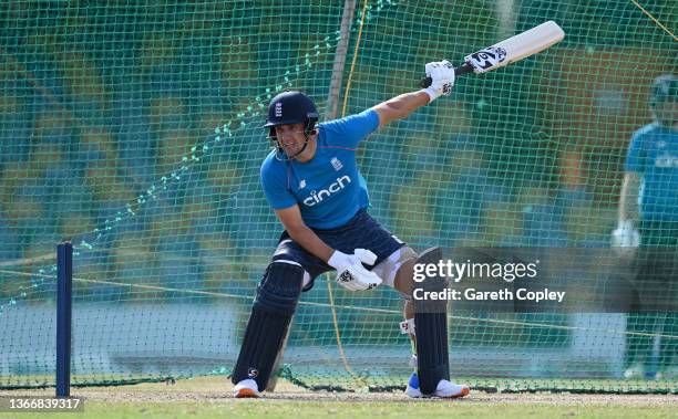 Liam Livingston of England bats during a nets session at Kensington Oval on January 25, 2022 in Bridgetown, Barbados.