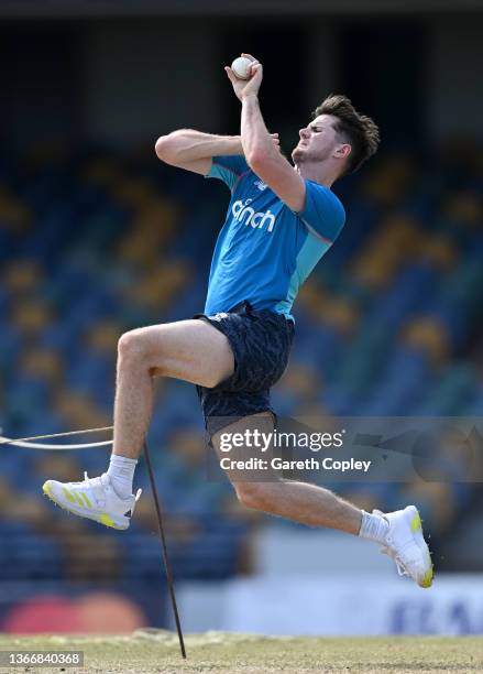 George Garton of England bowls during a nets session at Kensington Oval on January 25, 2022 in Bridgetown, Barbados.