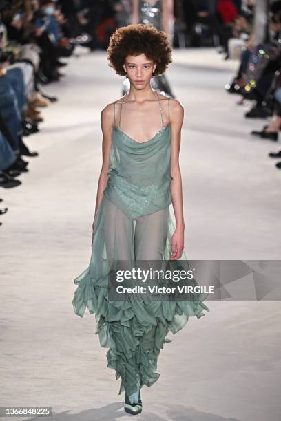 Model walks the runway during the Alexandre Vauthier Haute Couture Spring/Summer 2022 fashion show as part of the Paris Haute Couture Week on January...