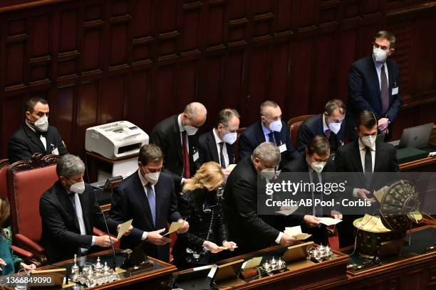 President of the Italian Senate, Maria Elisabetta Alberti Casellati , and President of the Italian Chamber of Deputies, Roberto Fico count ballots...