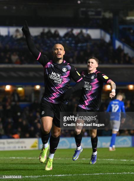 Jonson Clarke-Harris of Peterborough United celebrates after scoring his team's second goal from the penalty spot during the Sky Bet Championship...