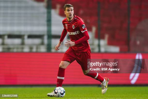 Bjorn Engels of Royal Antwerp FC dribbles with the ball during the Jupiler Pro League match between Royal Antwerp FC and Sint-Truidense VV at the...