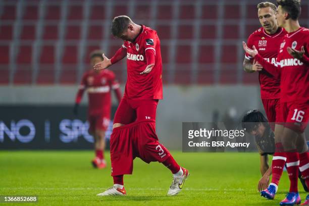 Bjorn Engels of Royal Antwerp FC reacts during the Jupiler Pro League match between Royal Antwerp FC and Sint-Truidense VV at the Bosuilstadion on...