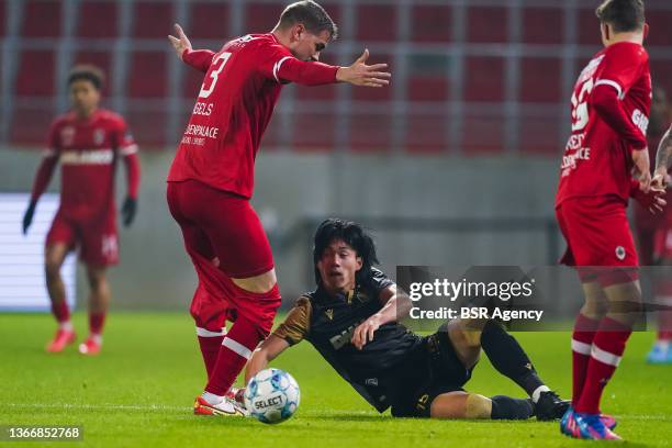 Bjorn Engels of Royal Antwerp FC and Daichi Hayashi of Sint-Truidense VV battle for possession during the Jupiler Pro League match between Royal...
