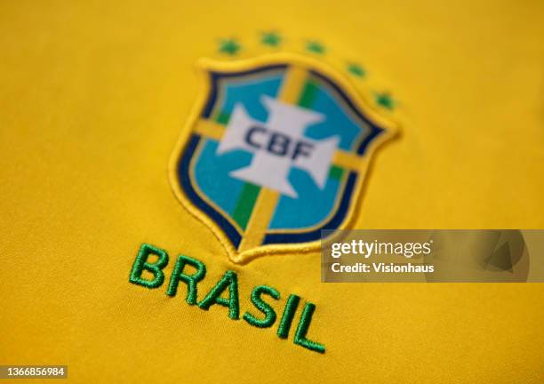 The Brazil National Badge or the badge pf the Confederação Brasileira de Futebol on their home shirt on January 25, 2021 in Manchester, United...