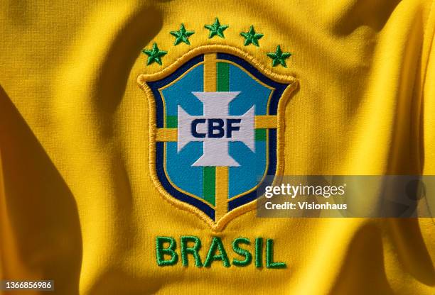 The Brazil National Badge or the badge pf the Confederação Brasileira de Futebol on their home shirt on January 25, 2021 in Manchester, United...